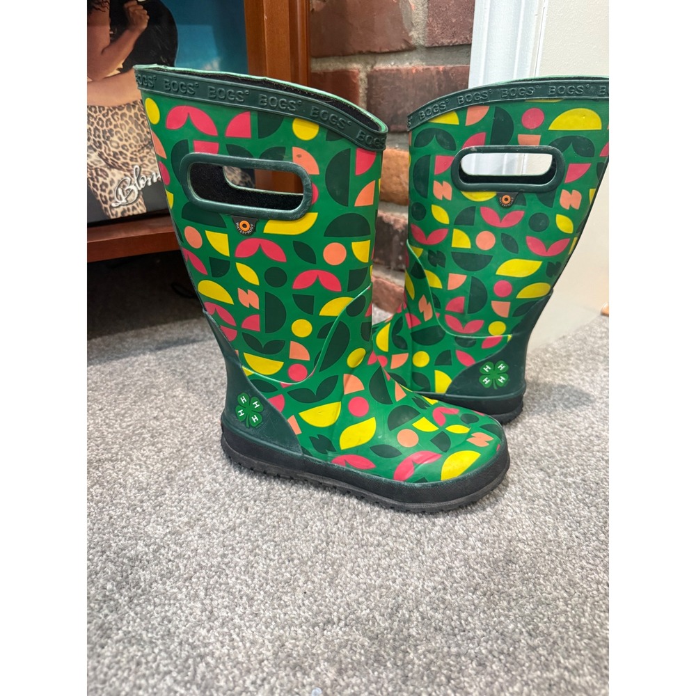 Bogs 4-H Youth Rain Boots Green Geometric Floral Waterproof Size 1 Youth